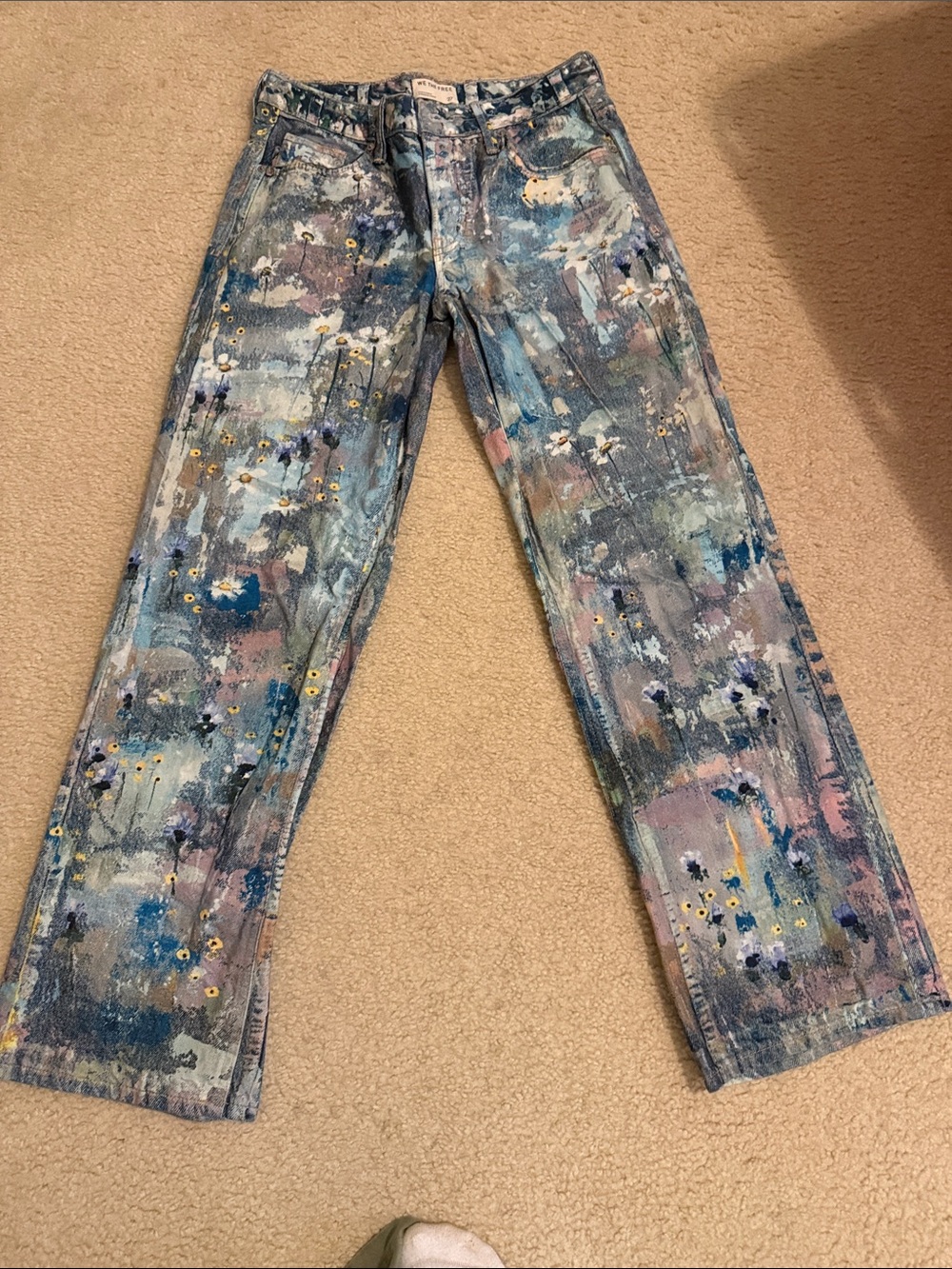 Free People Painted Floral Boot-Cut Jeans in Blue, Pink, White